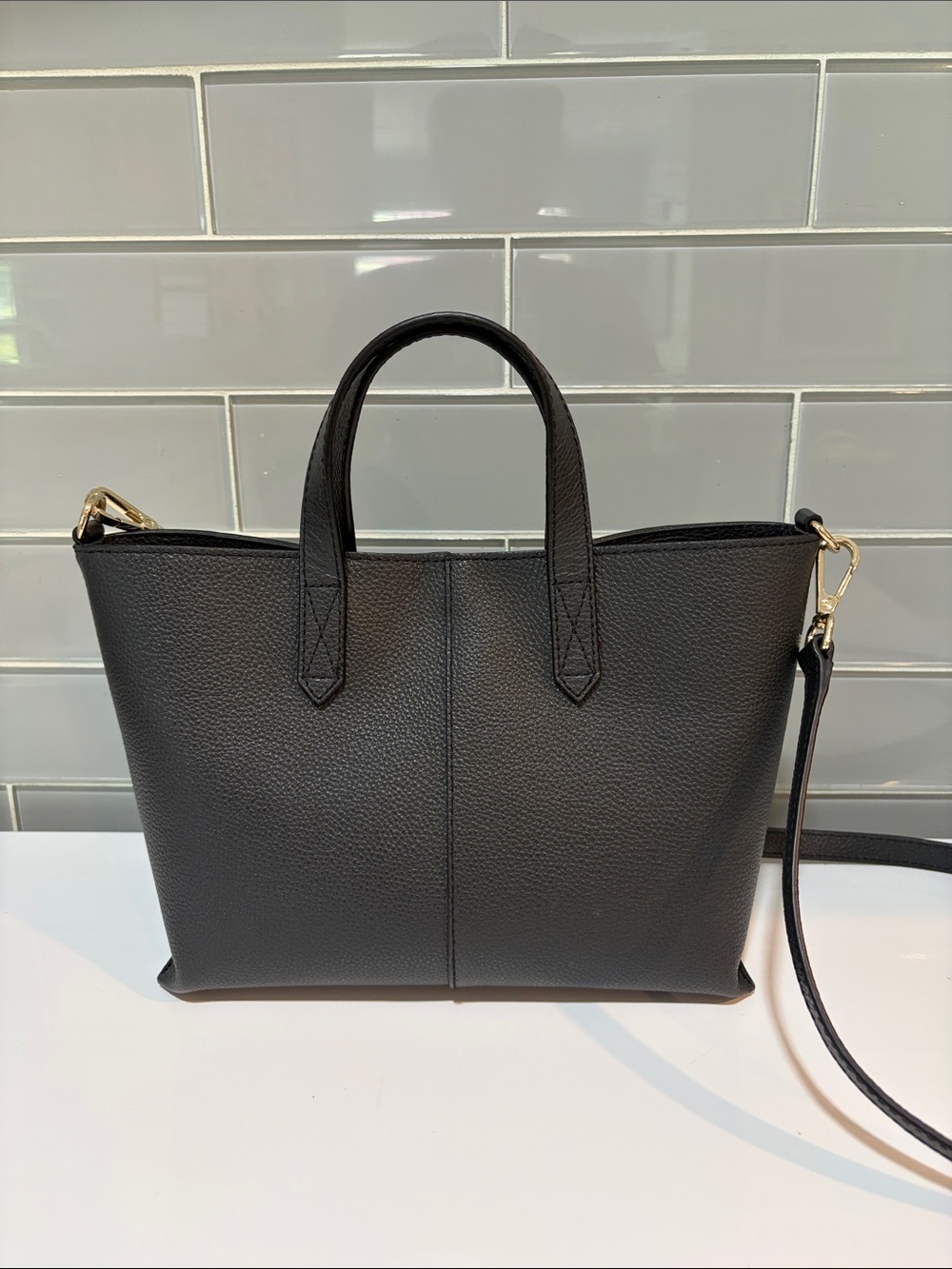 LOFT Black Pebbled Leather Tote with Removable Strap